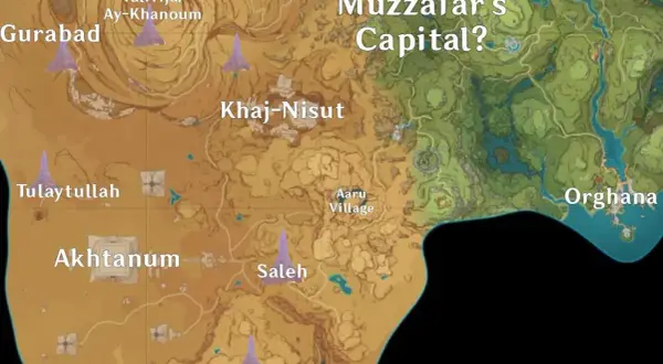 Mapa Genshin Sumeru z zaznaczonymi lokacjami: Gurabad, Tulaytullah, Akhtanum, Valivija/Ay-Khanoum, Khaj-Nisut, Aaru Village, Saleh, Beit-Raha i Orghana.