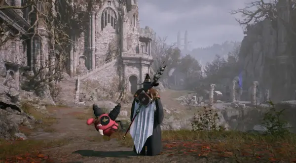 Mag w pelerynie i jego towarzysz, czerwony stworek, stoją przed ruinami zamku. To scena z gry Ultima Online.