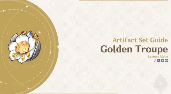 Przewodnik po zestawie artefaktów Golden Troupe z Genshin Impact. Biały kwiat z złotymi detalami.
