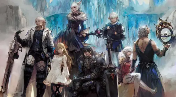 Postacie z Final Fantasy XIV, popularnego final fantasy mmo, pozują na tle lodowych krajobrazów.