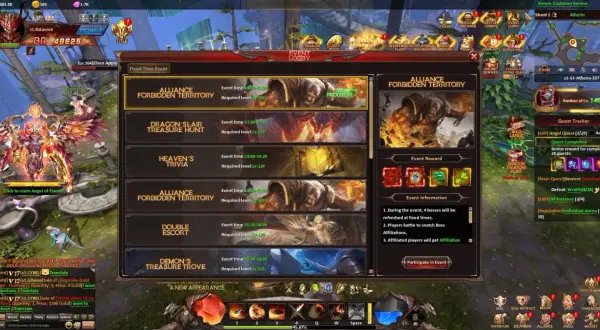 W grze League of Angels trwa wydarzenie "Alliance Forbidden Territory". Gracze walczą o terytoria, a w tle widać potężnego anioła.
