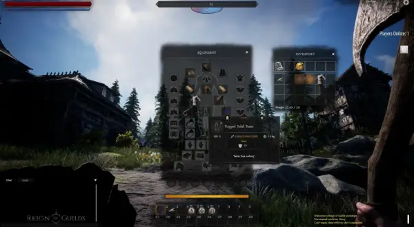 Gracz w grze "Reign of Guilds" przegląda ekwipunek, gdzie widzi spodnie "Ragged Solid Pants" i inne przedmioty.