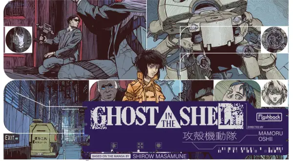 Kolaż z motywami orient anime, przedstawiający postacie i sceny z Ghost in the Shell, w tym Motoko Kusanagi i czołg.