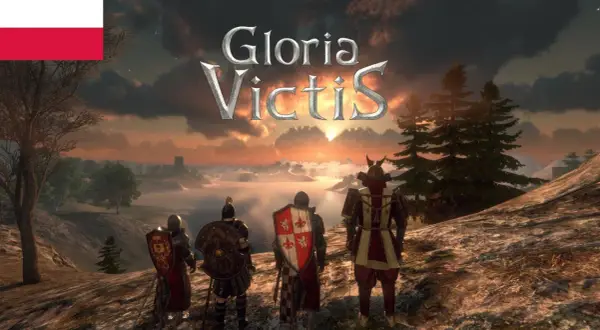 Rycerze w zbrojach patrzą na zachód słońca nad jeziorem. Polska flaga i logo "Gloria Victis" sugerują polski origin online.