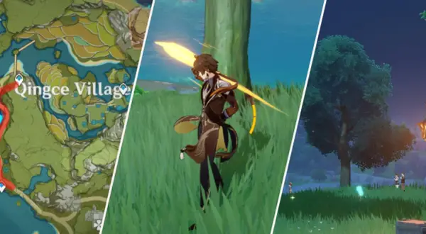 Mapa Qingce Village, postać z Genshin Impact zbierająca sandbearer wood, nocny krajobraz z drzewem.
