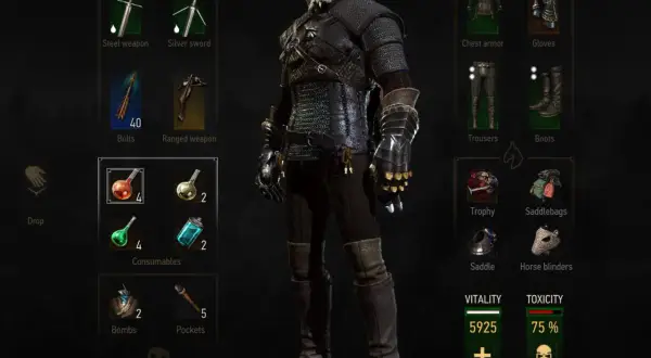 Geralt w zbroi Wróbla (Witcher 3 Viper Armor), z mieczami, eliksirami i ekwipunkiem.