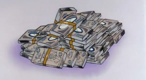 Góra pieniędzy, stos banknotów z napisem "100" i symbolami, jakby to były zeni.