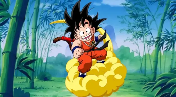 Goku na latającej chmurce, gotowy na lunch w stylu Dragon Ball, wśród bambusowego lasu.