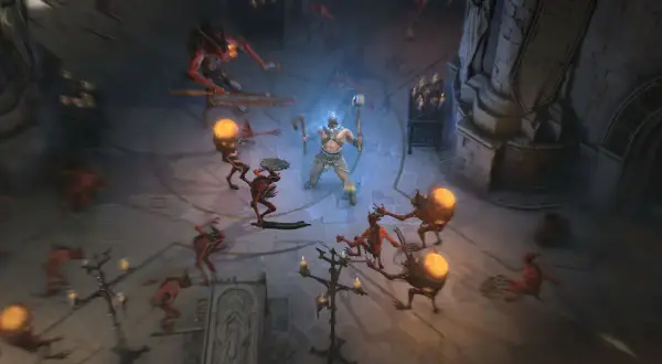 Wojownik na **diablo 4 max level** walczy z hordą demonów w mrocznym lochu.