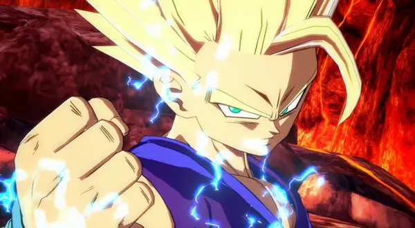 Gohan w formie Super Saiyanina, otoczony niebieskimi błyskawicami, gotowy do walki w grze Dragon Ball RPG.
