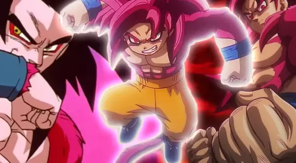 Goku Super Saiyan 4 w akcji, otoczony różową aurą, szykuje się do ataku. Obok niego widać inne postacie w tej samej formie.