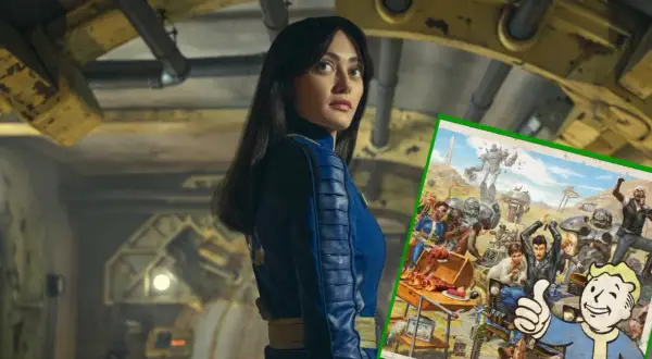 Kobieta w niebieskim kombinezonie Vault-Tec na tle postapokaliptycznego krajobrazu z gry Fallout online.