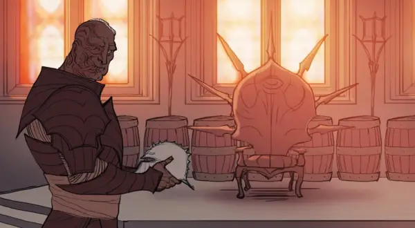 Mroczny wojownik w zbroi trzyma hełm, stojąc przed tronem. Scena z Dragon Age: Inquisition, gdzie smoki są zagrożeniem.