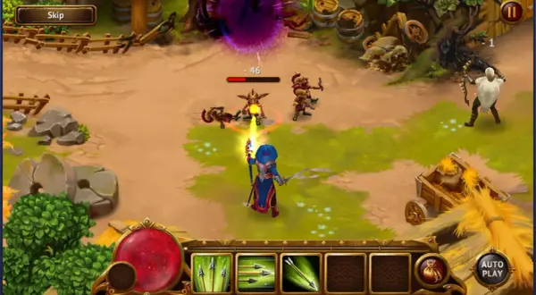 W grze Guild of Heroes mag walczy z goblinami. Bohater rzuca zaklęcie, zadając obrażenia.