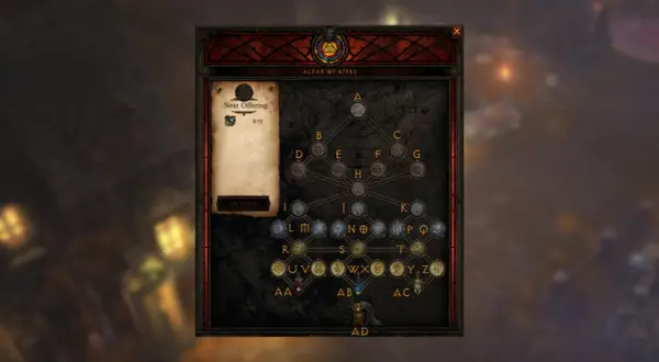 Interfejs Altar of Rites z Diablo 3. Gracze składają ofiary, by odblokować ulepszenia, a ich podróż przez Sanktuarium jest jak skamieniały krzyk historii.