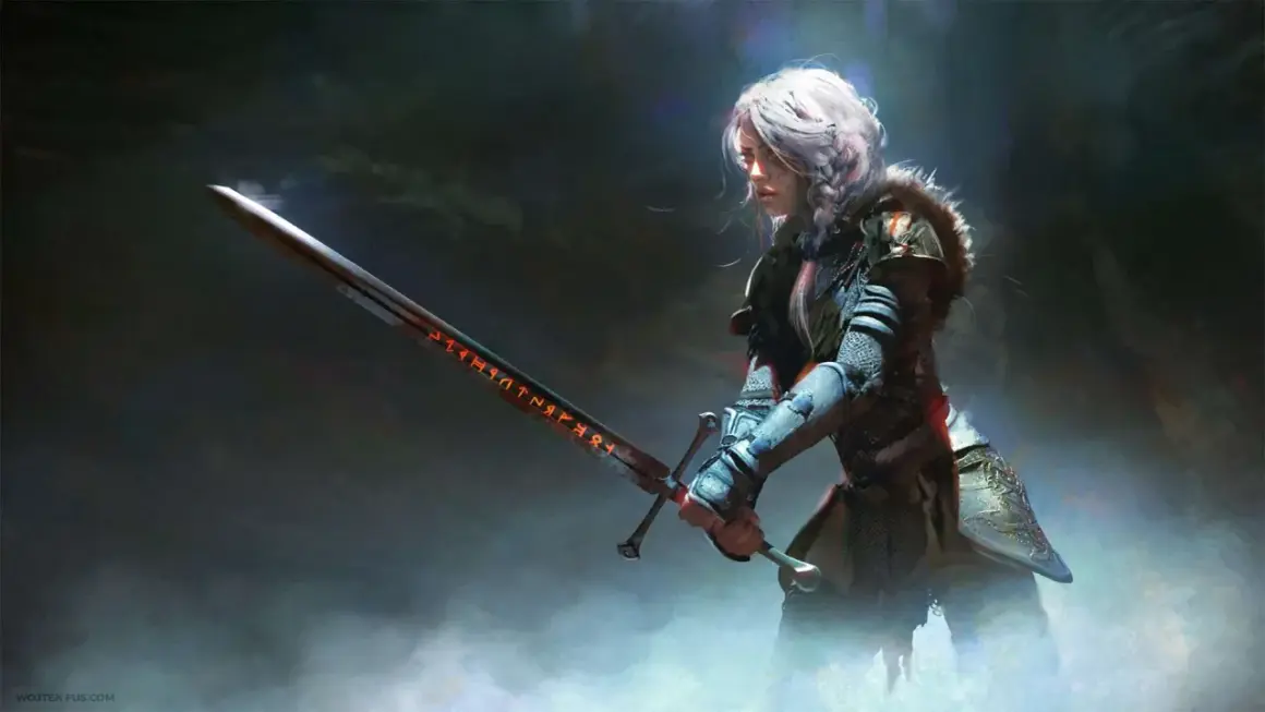 Wojowniczka z runicznym mieczem, gotowa do walki. Prawdziwy great weapon master 5e.