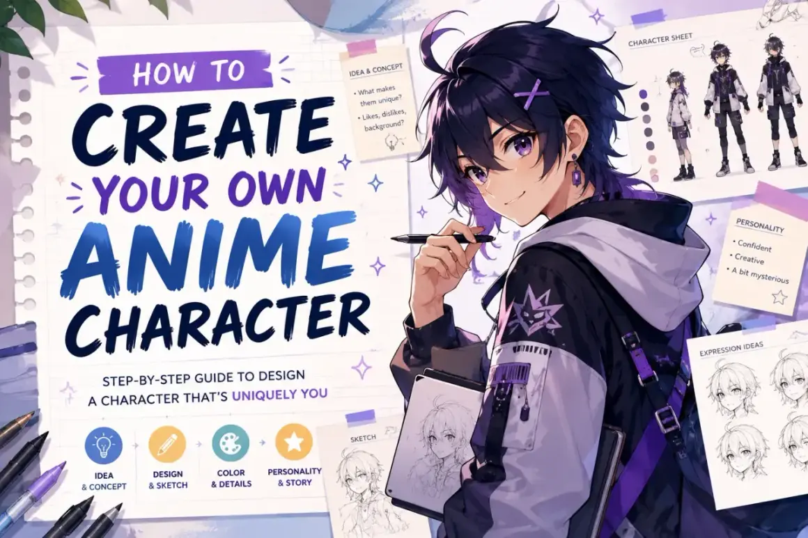 Ilustracja pokazuje proces tworzenia postaci anime. Młody artysta z fioletowymi włosami szkicuje, otoczony materiałami do projektowania postaci.