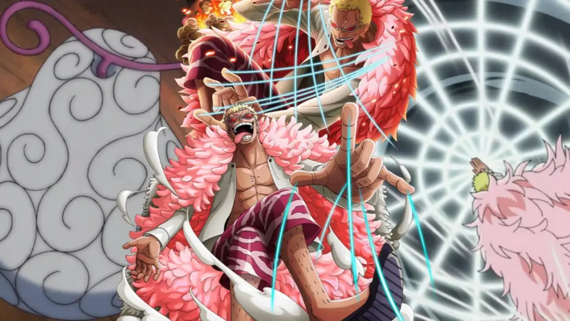 Doflamingo z One Piece w akcji, otoczony swoimi różowymi piórami i niebieskimi nićmi.