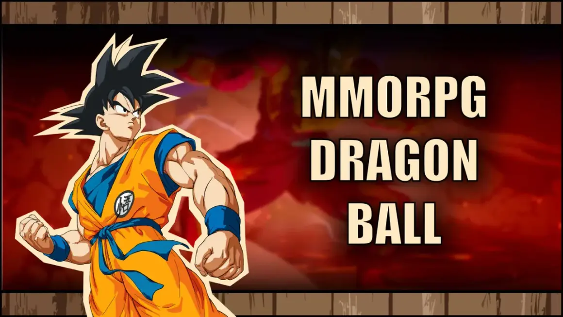 Goku w pomarańczowym gi szykuje się do walki w strefie Dragon Ball. Napis "MMORPG DRAGON BALL" zapowiada grę.
