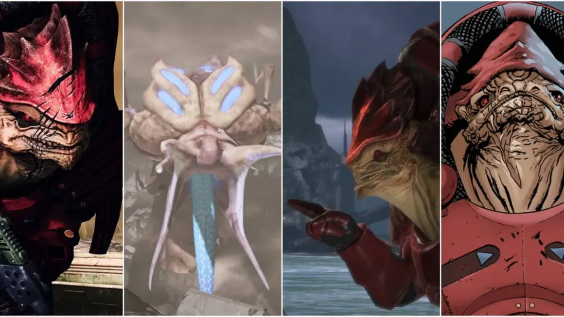 Cztery różne ujęcia Wrex z Mass Effect: groźny wojownik, jego głowa z bliska, w zbroi i w komiksowym stylu.