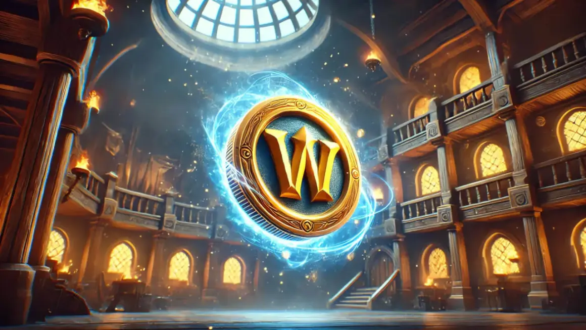 Złoty symbol "W" otoczony niebieską energią, unoszący się wewnątrz wielkiej, drewnianej sali z balkonami i oknami. To symboliczny wow token.