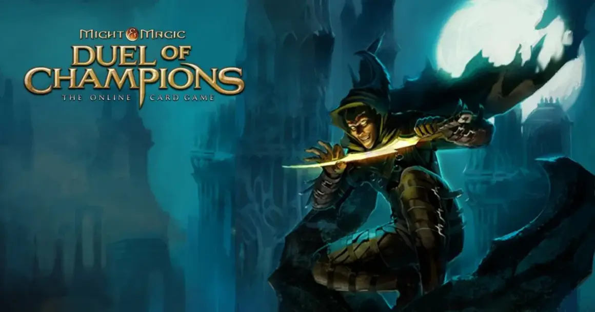 Mroczny łotrzyk z błyszczącym sztyletem w ręku, gotowy do walki w grze Might & Magic: Duel of Champions.