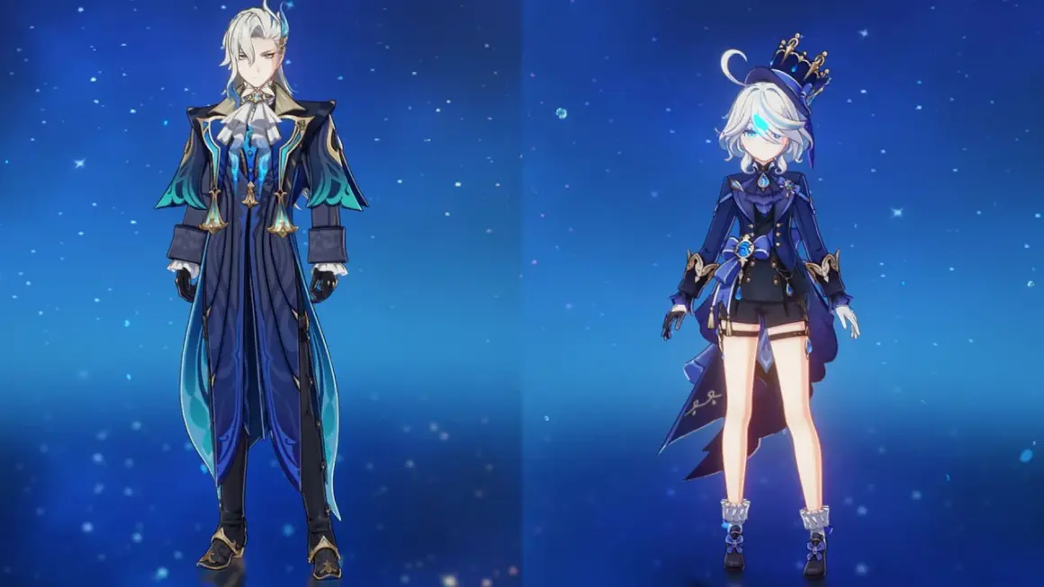 Dwaj bohaterowie Genshin Impact, wysoki mężczyzna i niższa dziewczyna, prezentują swoje stroje. Różnice w **genshin characters height** są widoczne.