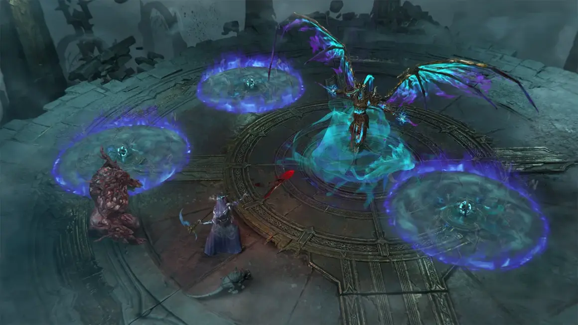 Diablo 4 update: walkiria walczy z potworem i demonem w otoczeniu magicznych kręgów.