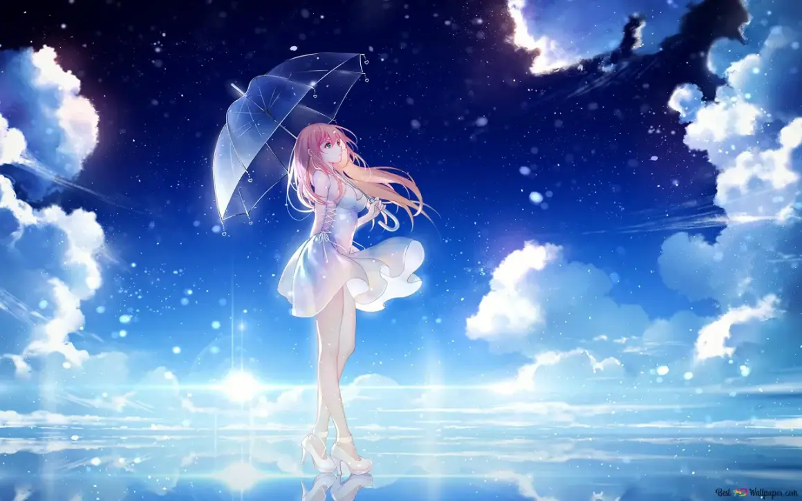 Urocze anime dziewczynki z różowymi włosami, trzymające przezroczysty parasol, stoją na lustrzanej tafli wody pod rozgwieżdżonym niebem.