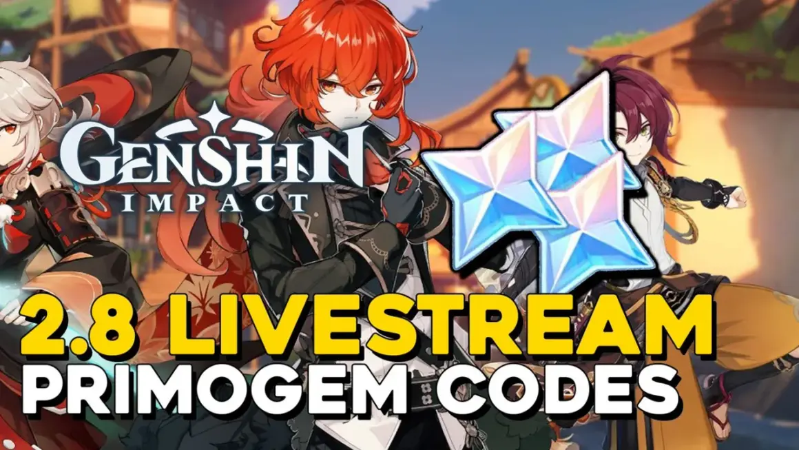 Genshin Impact: 2.8 livestream primogem codes. Postać Diluca i Kazuha z błyszczącymi kryształami.