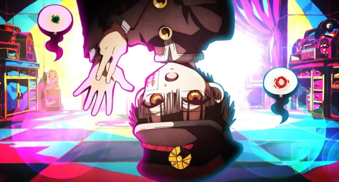 Chłopak z anime, wiszący do góry nogami, otoczony przez latające oczy i kolorowe meble. Czy anime jest złe? To pytanie zadaje sobie wielu, ale ta scena sugeruje coś więcej niż tylko rozrywkę.