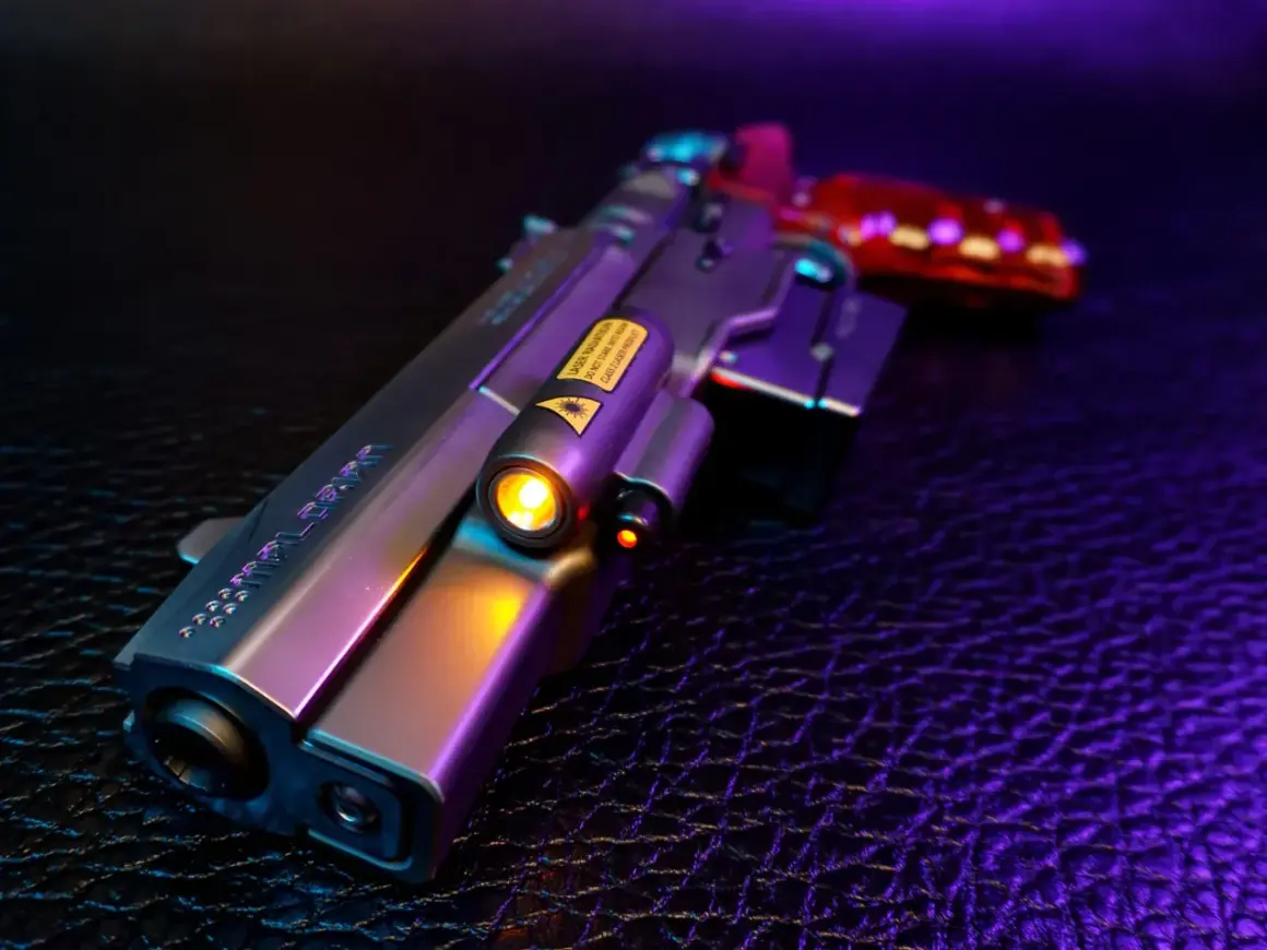 Cyberpunkowy pistolet, przypominający broń Johnny'ego Silverhanda, z laserowym celownikiem i świecącym uchwytem.