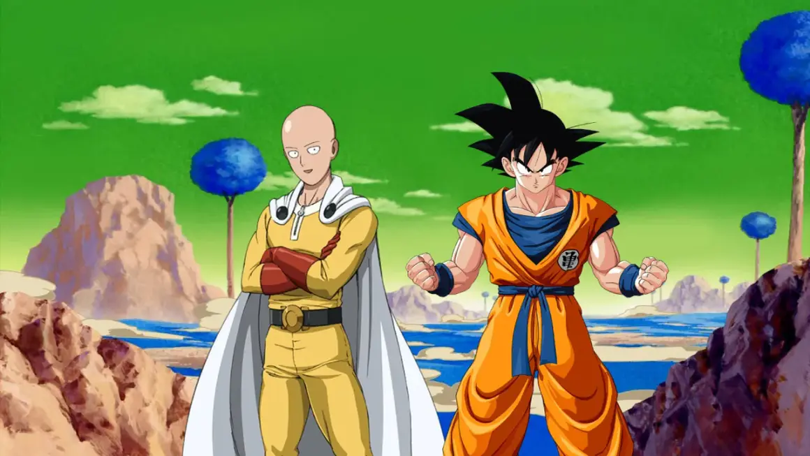 Saitama i Goku stoją naprzeciw siebie, gotowi do walki. Ich starcie to marzenie fanów.