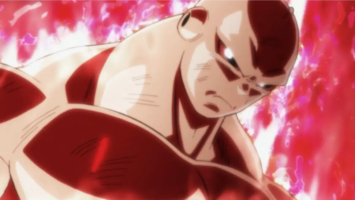 Jiren w czerwonej poświacie, gotowy do walki w Dragon Ball Super odc 130. Jego mięśnie napinają się, a oczy płoną determinacją.