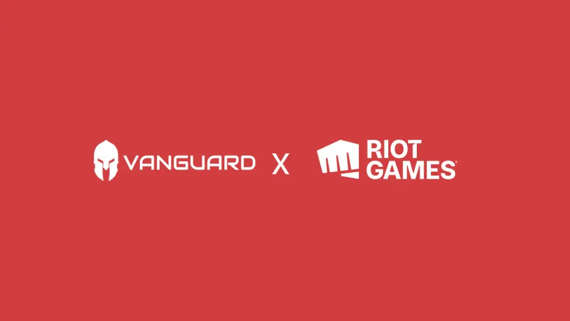 Logo Vanguard i Riot Games na czerwonym tle. Vanguard, symbolizujący siłę i ochronę, łączy siły z Riot Games, tworząc zgrany zespół.
