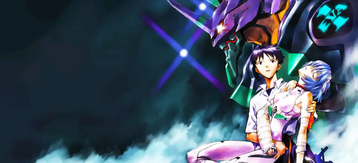 Shinji trzyma Rei, która jest ranna, obok gigantycznego Evangeliona. Scena z Neon Genesis Evangelion odc 1.