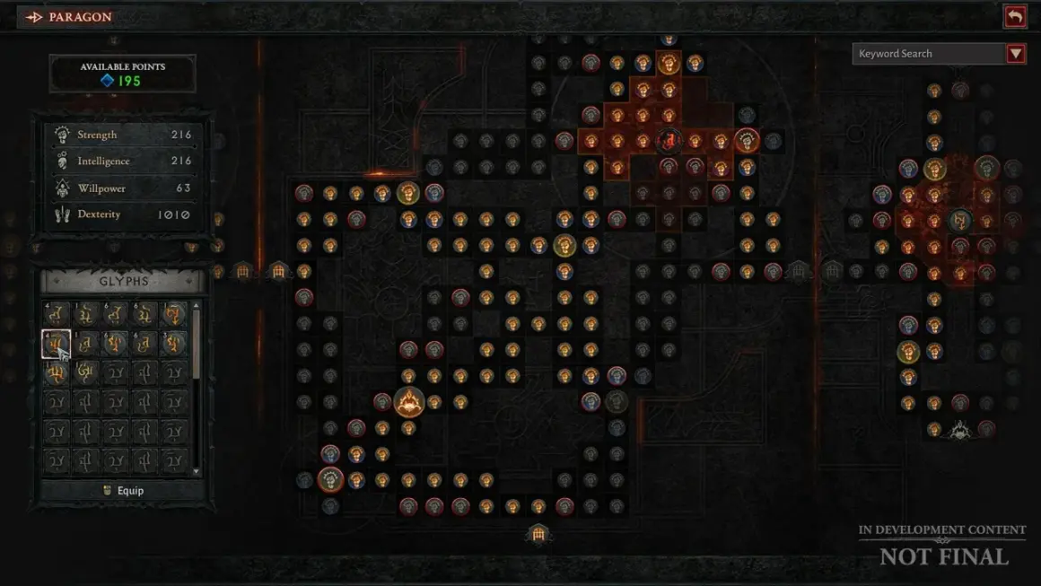 Interfejs drzewka umiejętności Diablo 4 z dostępnymi 195 punktami. Widoczne statystyki postaci i dostępne glify.