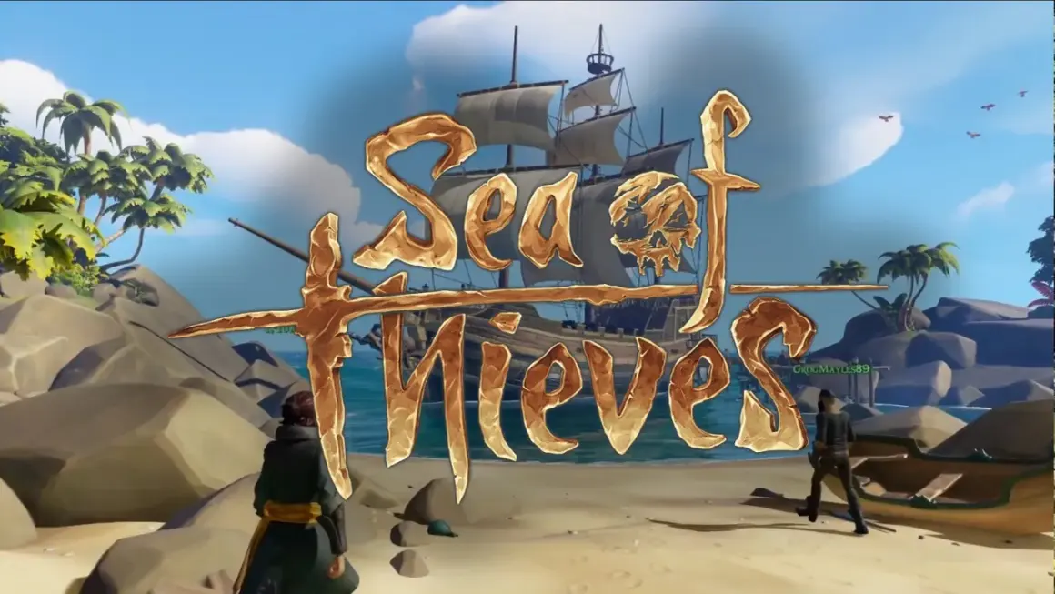 Złoty napis "Sea of Thieves" na tle tropikalnej wyspy, statku i dwóch piratów. Rozpoczynają się opowieści o piratach!