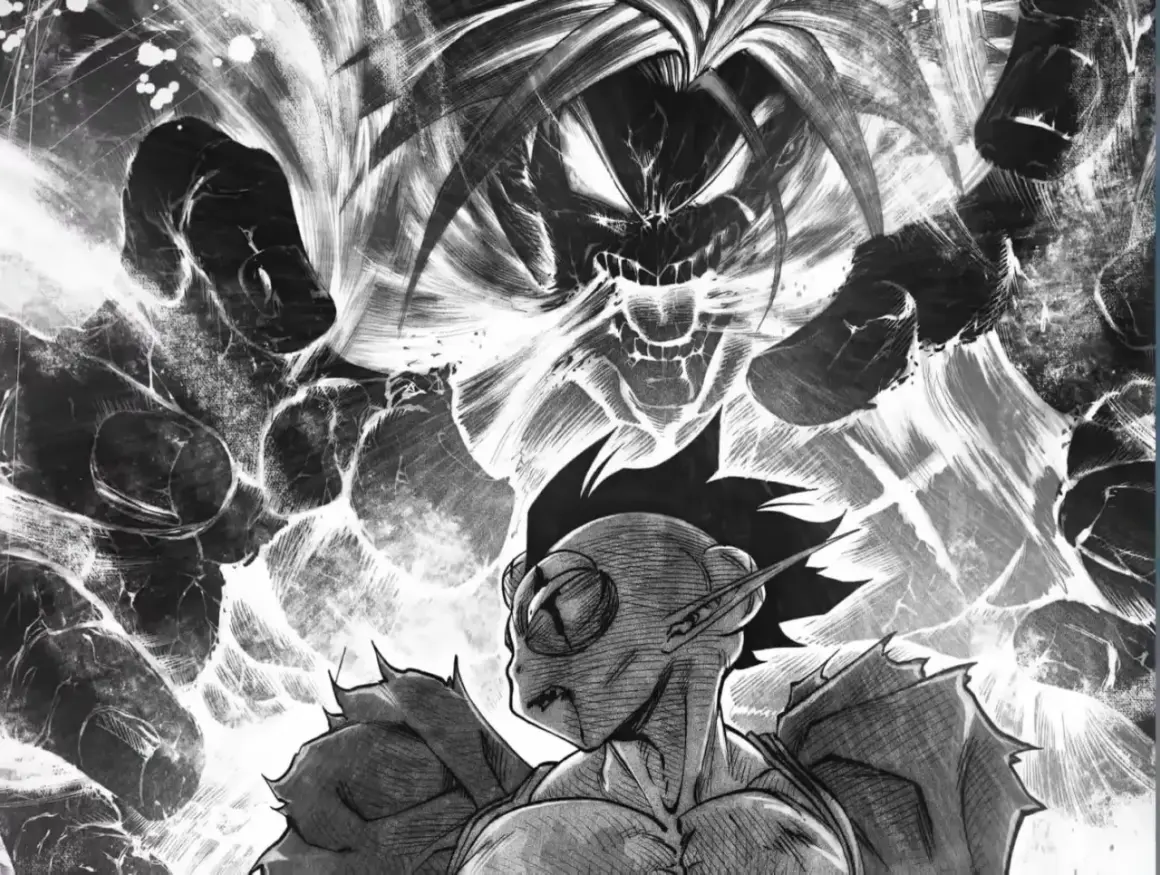 Potężny demon z Dragon Ball Kakumei w furii, otoczony mroczną energią.