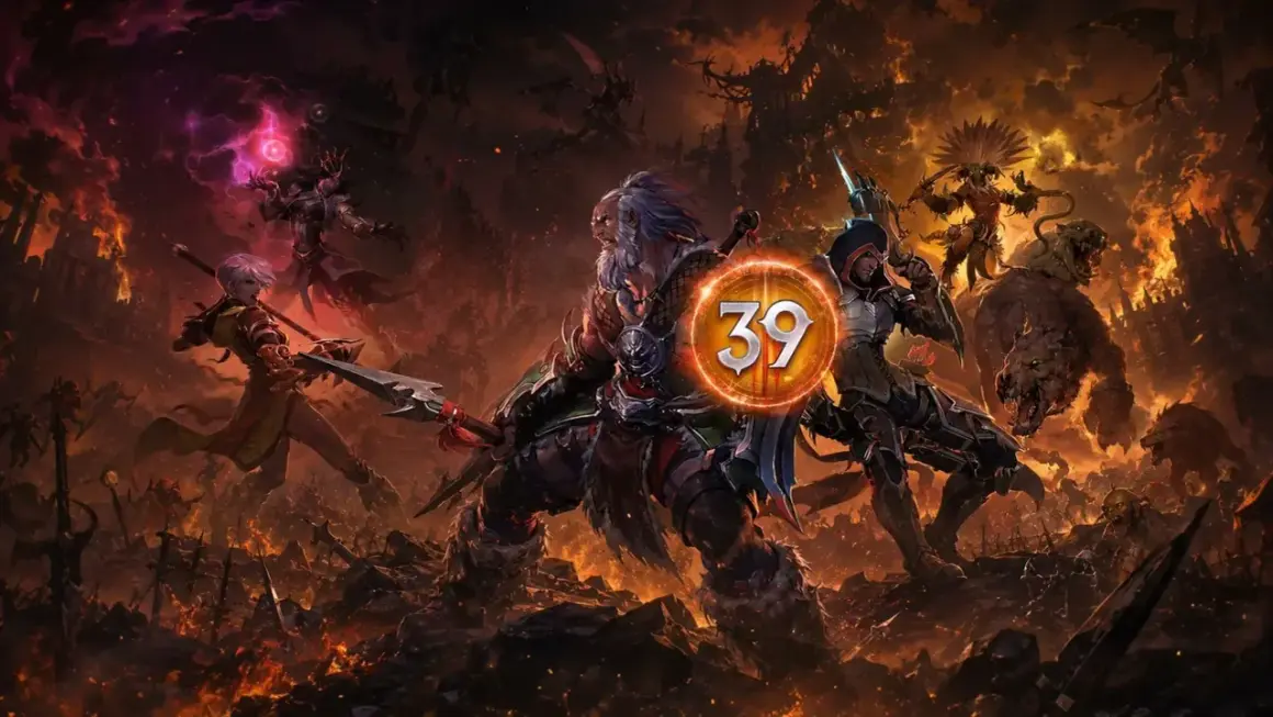 Bohaterowie Diablo 3 sezon 39 walczą z hordami demonów na tle płonącego świata.
