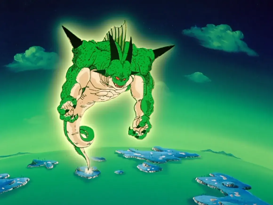 Potężny zielony smok z Dragon Ball, z rogami i kolcami, unosi się nad zielonym oceanem z wyspami.
