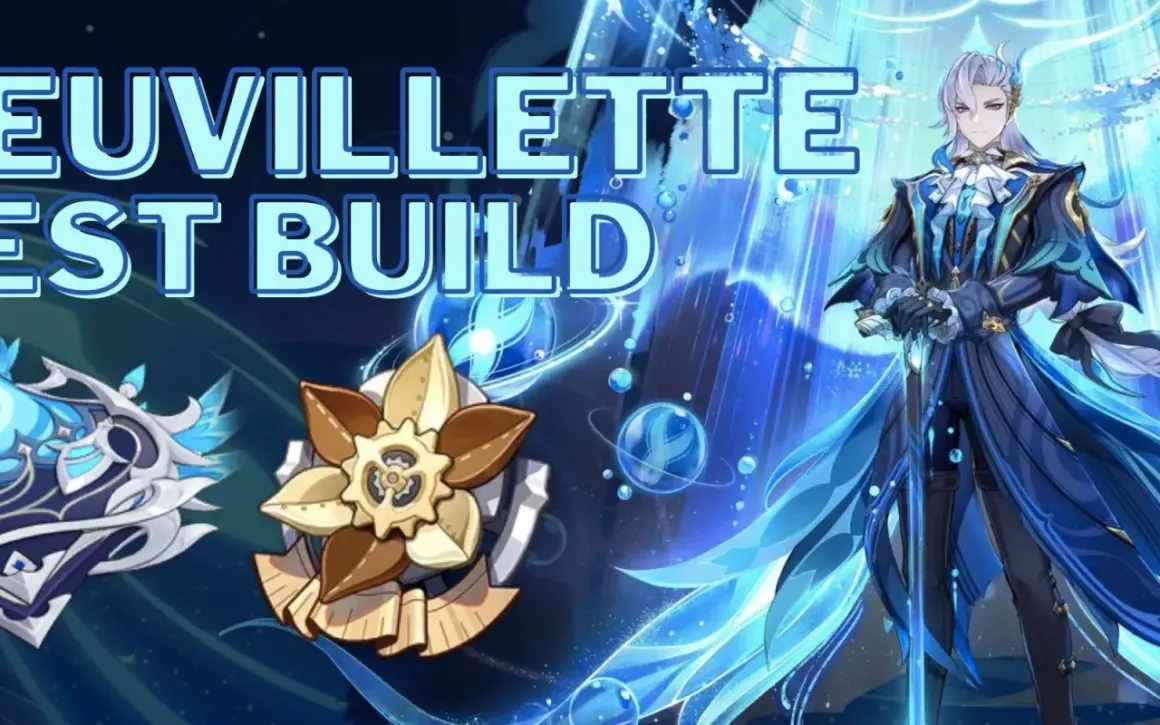 Neuvillette z Genshin Impact w niebieskim stroju, obok artefaktów. Tekst "NEUVILLETTE BEST BUILD" na górze.