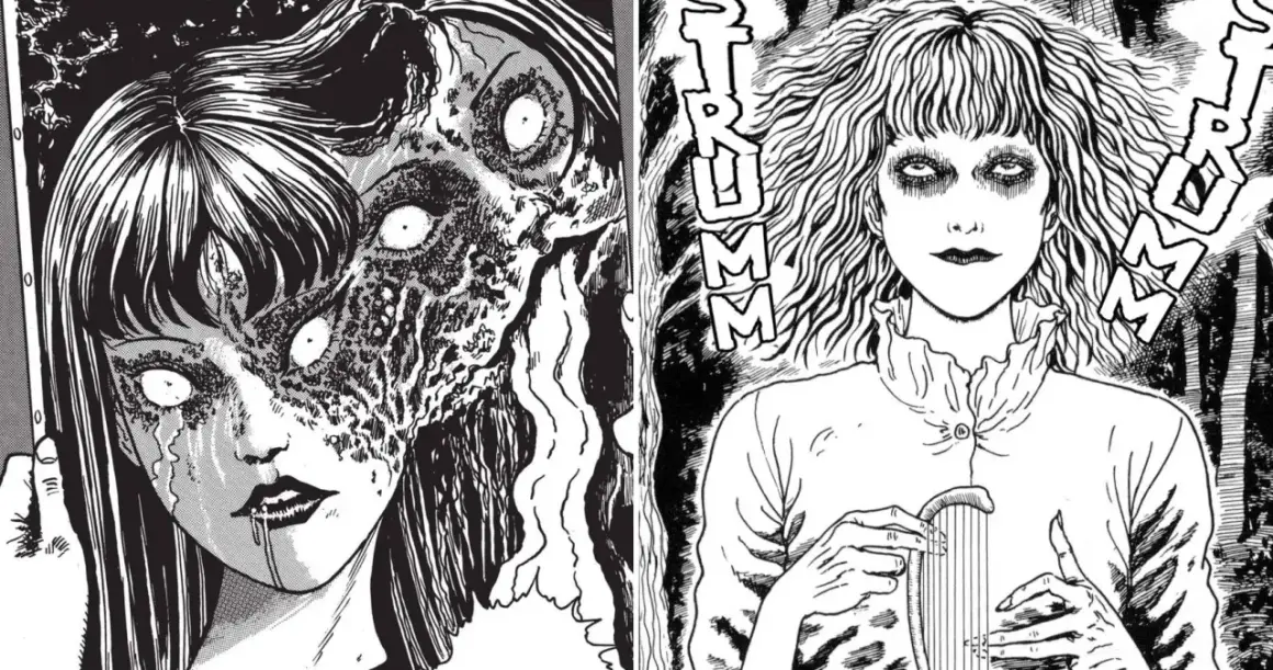 Dwie przerażające postacie z mangi Junji Ito. Po lewej dziewczyna z rozpadającą się twarzą, po prawej kobieta z pustymi oczami i lirą.