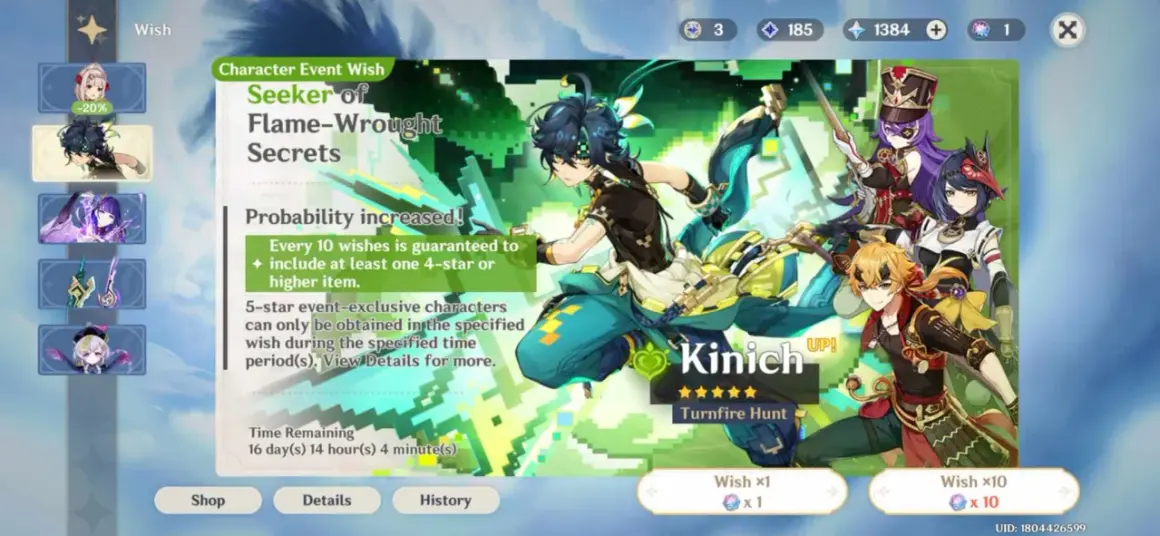 Aktualny baner Genshin Impact: Kinich UP! z postaciami Venti, Raiden Shogun, Kazuha, Yae Miko i Thoma.