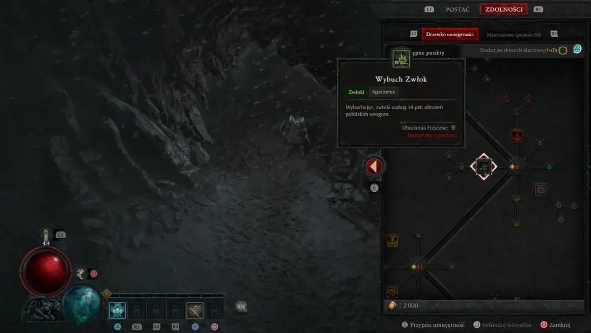 Diablo 3 nekromanta rozwija drzewko umiejętności, wybierając "Wybuch Zwłok".