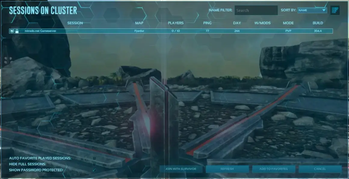 Lista sesji polskie serwery ark: Fjordur, 0/10 graczy, ping 77, dzień 244, tryb PVP.