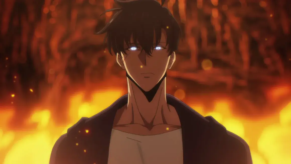 Sung Jinwoo z solo leveling anime z płonącymi oczami na tle ognia.