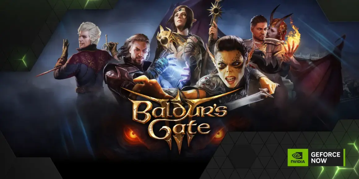 Postacie z Baldur's Gate 3 na tle miasta, gra dostępna w GeForce NOW.