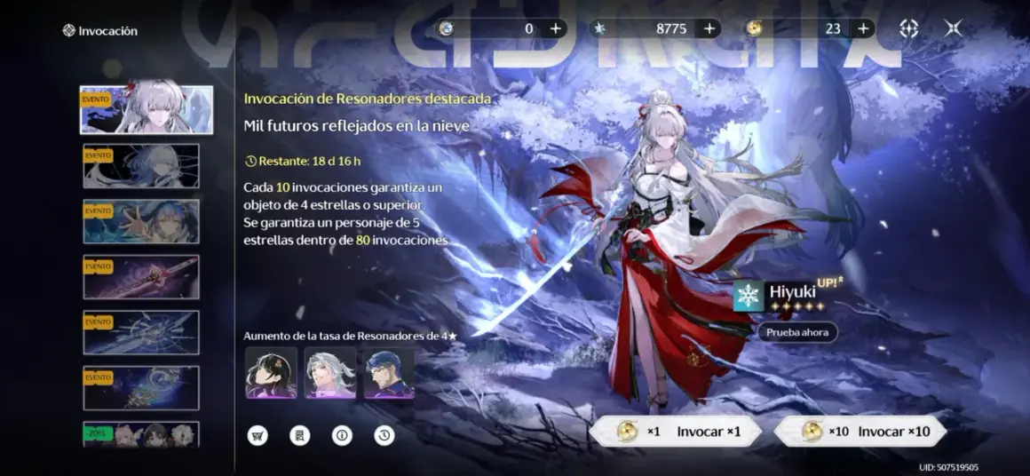 W grze Genshin Impact, ekran "Invocación" prezentuje aktualne banery postaci i broni, w tym Hiyuki.
