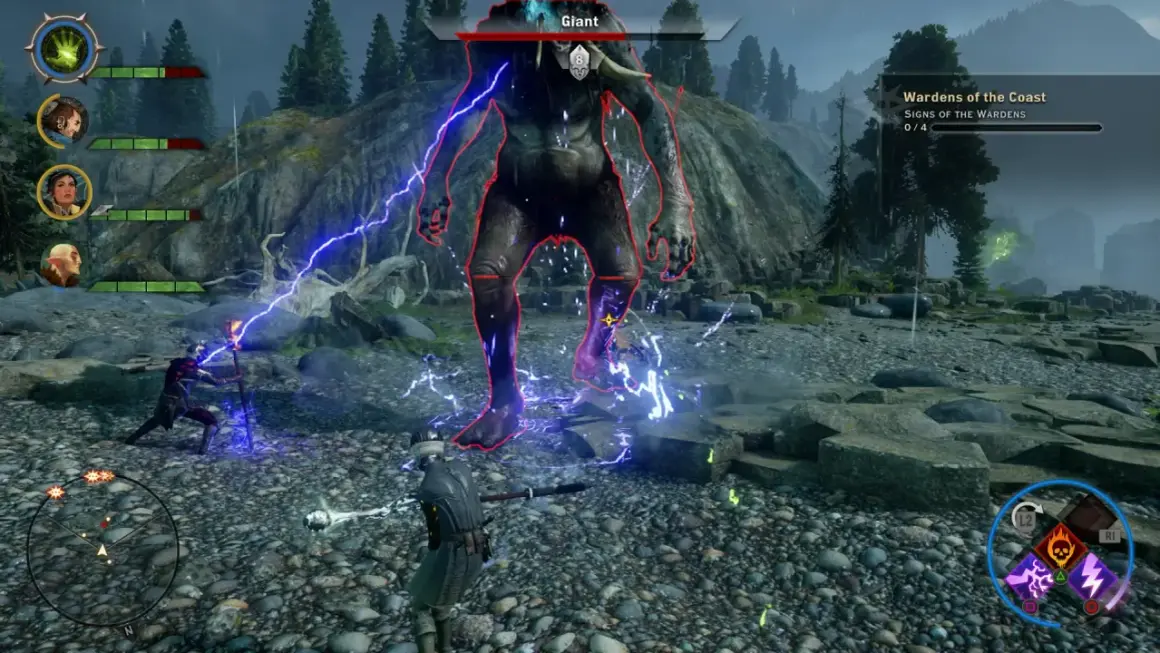Bitwa z olbrzymem w Dragon Age: Inkwizycja DLC. Gracze walczą z potężnym przeciwnikiem, używając magii i broni.